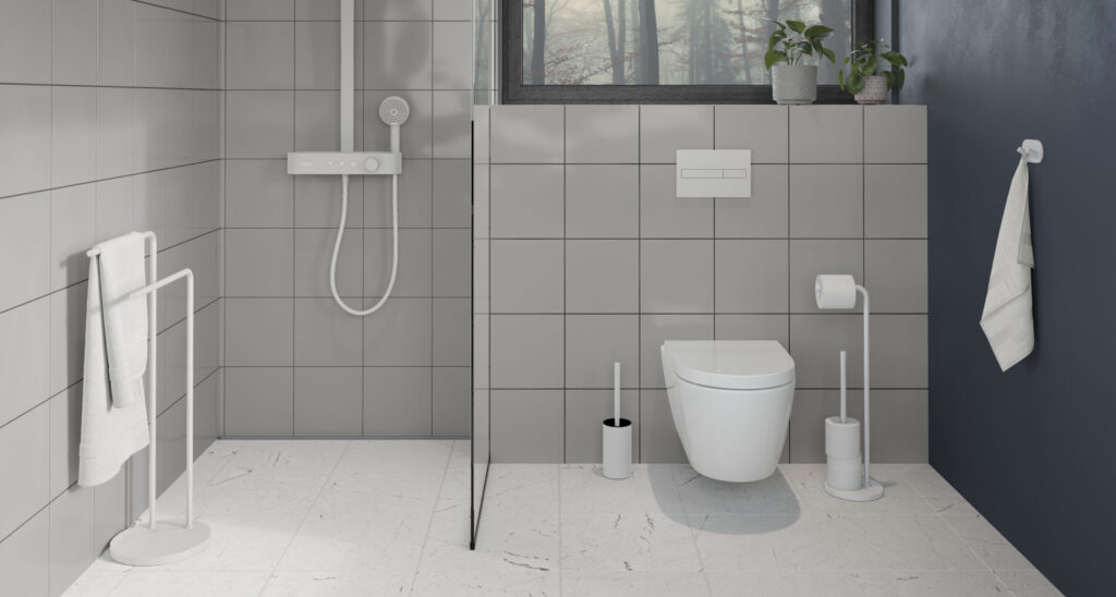 Matt white stand-alone products in a blue bathroom with white tiles